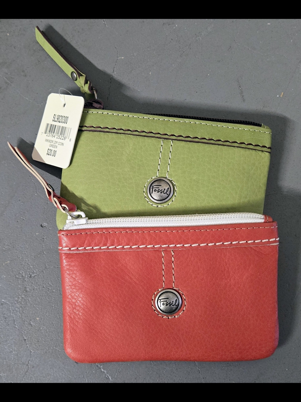 (2)Fossil Lime Green and RED Leather Zip Coin Purse